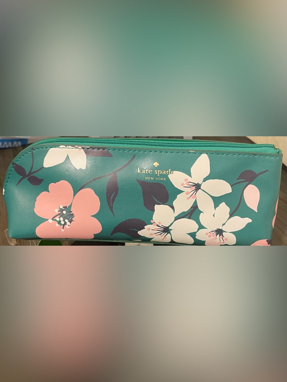 kate spade Teal Floral Zip Pouch with Pink and Cream Flowers